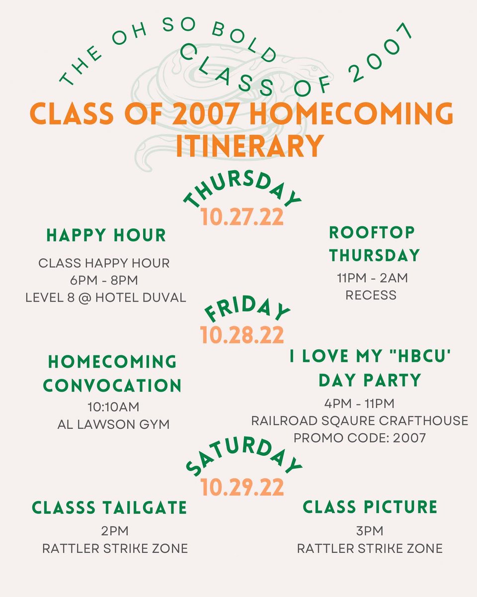 famuclassof2007's tweet photo. This is a condensed version of the itinerary! Of course there are a lot of parties during homecoming and we are trying our best to acknowledge all parties celebrating the Class of 2007. Our goal is to create a schedule that allows us to reconnect and celebrate our 15 year! https://t.co/ra9C2ps8Jk