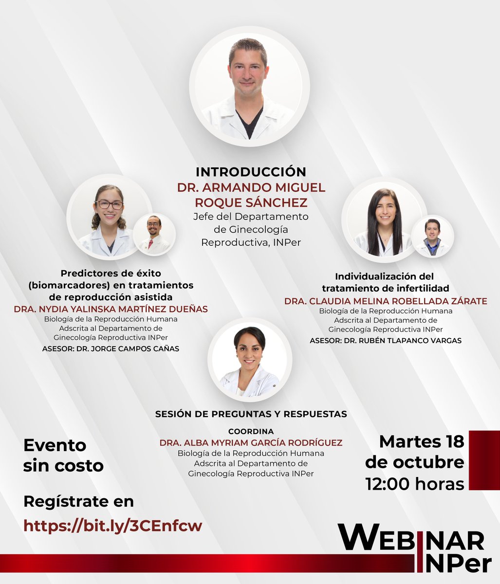 INPer_mx's tweet photo. #WebinarINPer 
EFECTOS CLÍNICOS Y BIOLÓGICOS DE LA POSTERGACIÓN DE LA #MATERNIDAD

Predictores de éxito (biomarcadores) en tratamientos de #reproducciónasistida
Individualización de tratamiento de #infertilidad

Evento sin costo 
Regístrate https://t.co/z2pny3Shdk
Oct. 18 • 12 h https://t.co/0Xu8w732BU