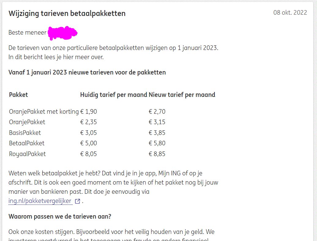 Van 2,35 naar 3,15 per maand! <a href="/ingnl/">ING Nederland</a> neemt een voorschotje op het échte inflatie percentage: 34%. Tijd voor een andere financiële dienstverlener?