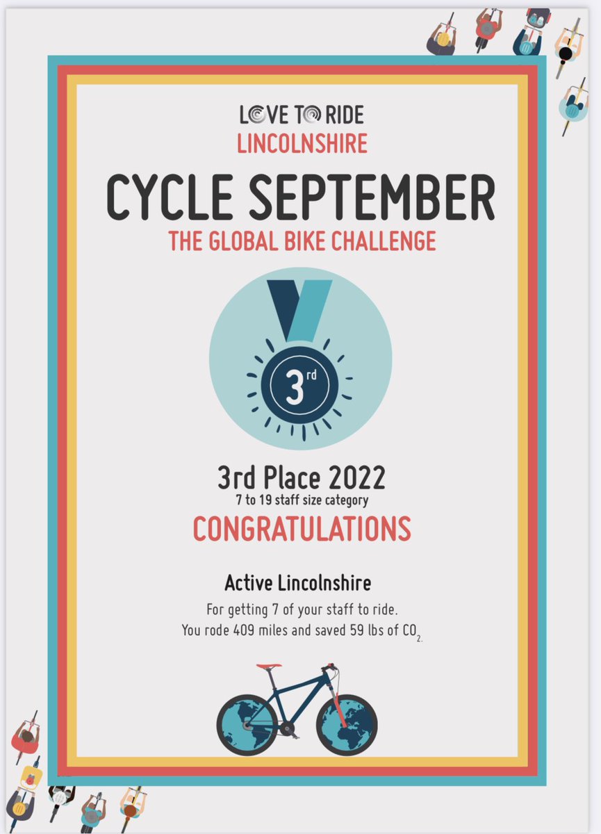 Woo hoo! Just got an email to say the @ActiveLincs team came 3rd in the @LovetoRide_ #CycleSeptember challenge. 7 out of our team of 12 rode at some point in the month 👍🏼 Got us moving and what’s more helps reduce miles in the car 🚗 saving £ and 🌎