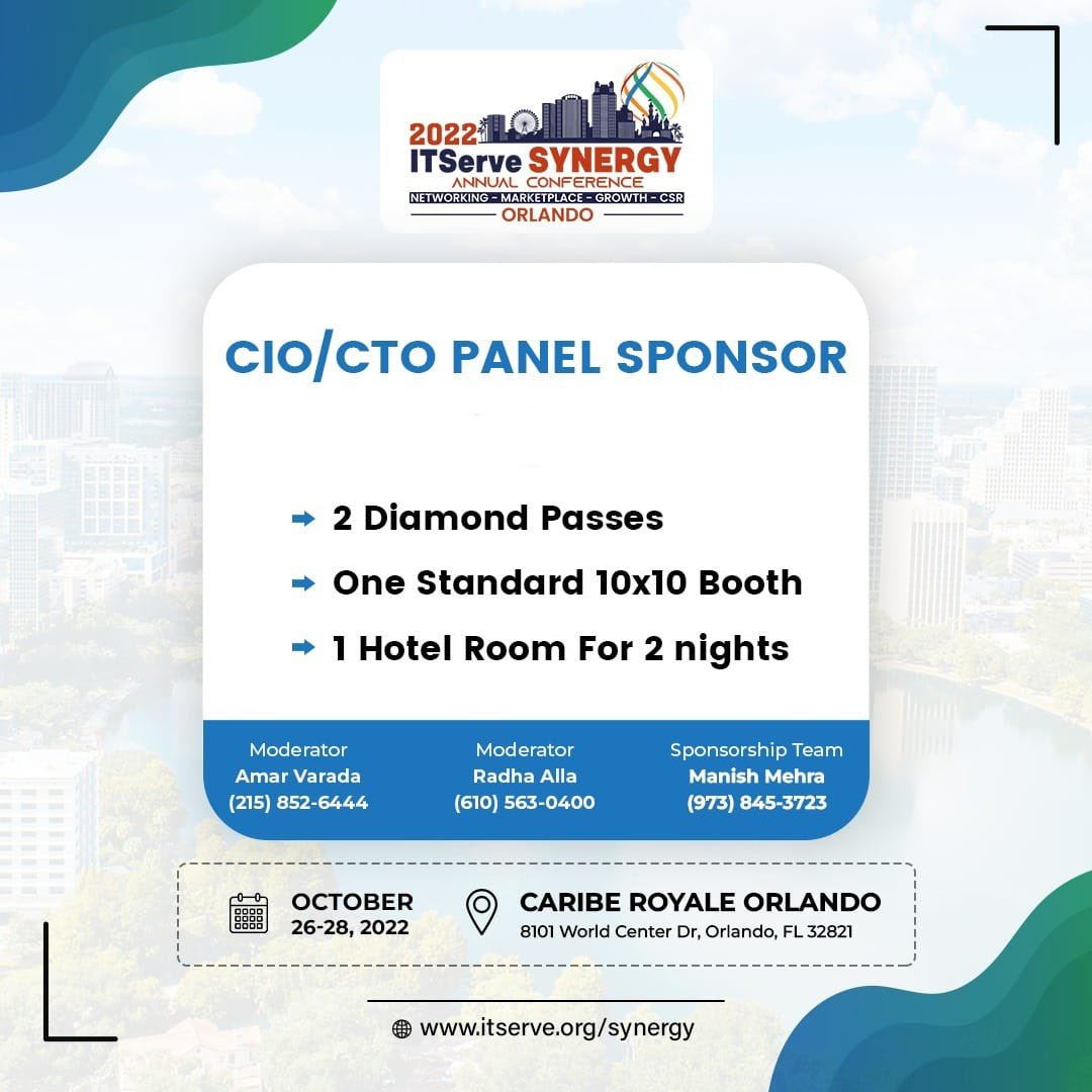 ITServeorg's tweet photo. Be the "CIO &amp; CTO Panel" Sponsor of #ITServeSynergy &amp; get a chance to examine the technology ecosystems as well as the business strategies.

Register: https://t.co/rqWHqDaYy5

#Synergy2022 #ITServe #NetworkWithITServe #ITServeSynergy2022 https://t.co/wZaT5cA550