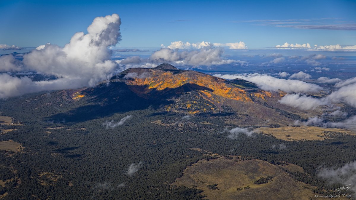 AZGeology's tweet photo. Kendrick Peak of the San Francisco volcanic field of northern Arizona. Golden leaves of aspen in the fall sunshine. (Photo by Ted Grussing, 201?). #volcano #rhyolite #dacite
For the geologic story, see Wolfe and others (1987): https://t.co/1roccSbi6p https://t.co/5yAG6knxp7