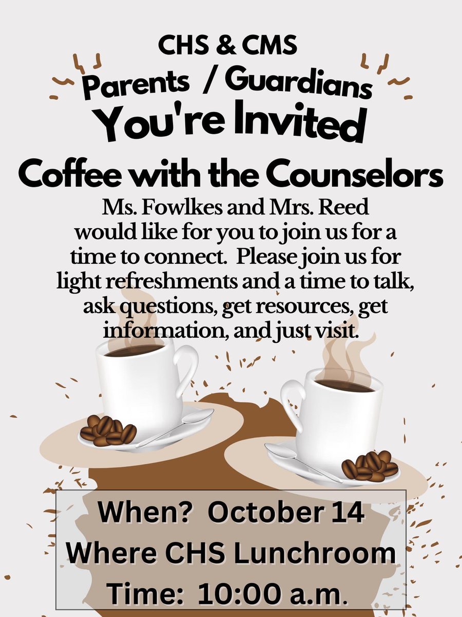 Elizabeth Fowlkes (@counselorsres) on Twitter photo We are excited for our first Coffee with the Counselors event this Friday!! Iโm looking forward to some great conversations with families and the opportunity to connect. #CMStheplacetobe #CHSjourneyforward <a href="/TCBOE_CMS/">Childersburg Middle School</a> <a href="/ServStudents/">TCBOE Student Serv</a> <a href="/lreedcounselor/">Lori Reed</a> โ๏ธ๐ We are excited for our first Coffee with the Counselors event this Friday!! Iโm looking forward to some great conversations with families and the opportunity to connect. #CMStheplacetobe #CHSjourneyforward <a href="/TCBOE_CMS/">Childersburg Middle School</a> <a href="/ServStudents/">TCBOE Student Serv</a> <a href="/lreedcounselor/">Lori Reed</a> โ๏ธ๐