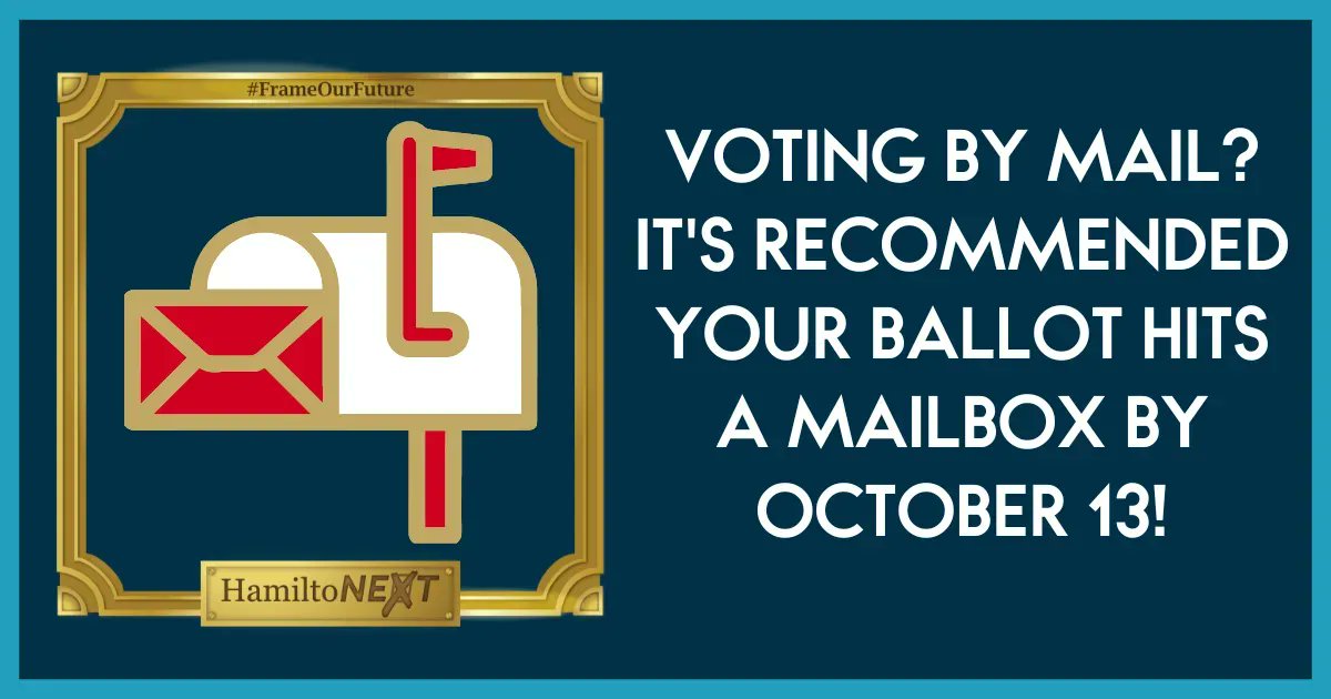 HamiltoNEXTca's tweet photo. Voting by mail? The @cityofhamilton recommends placing your ballot in the mail by October 13 to ensure it reaches City Hall by election day. Mail in ballots can also be hand delivered. #HamOnt #HamiltionVotes2022 #yhmvote #FrameOurFuture https://t.co/Z6IAFhQWCN https://t.co/ahqDv0l0Df