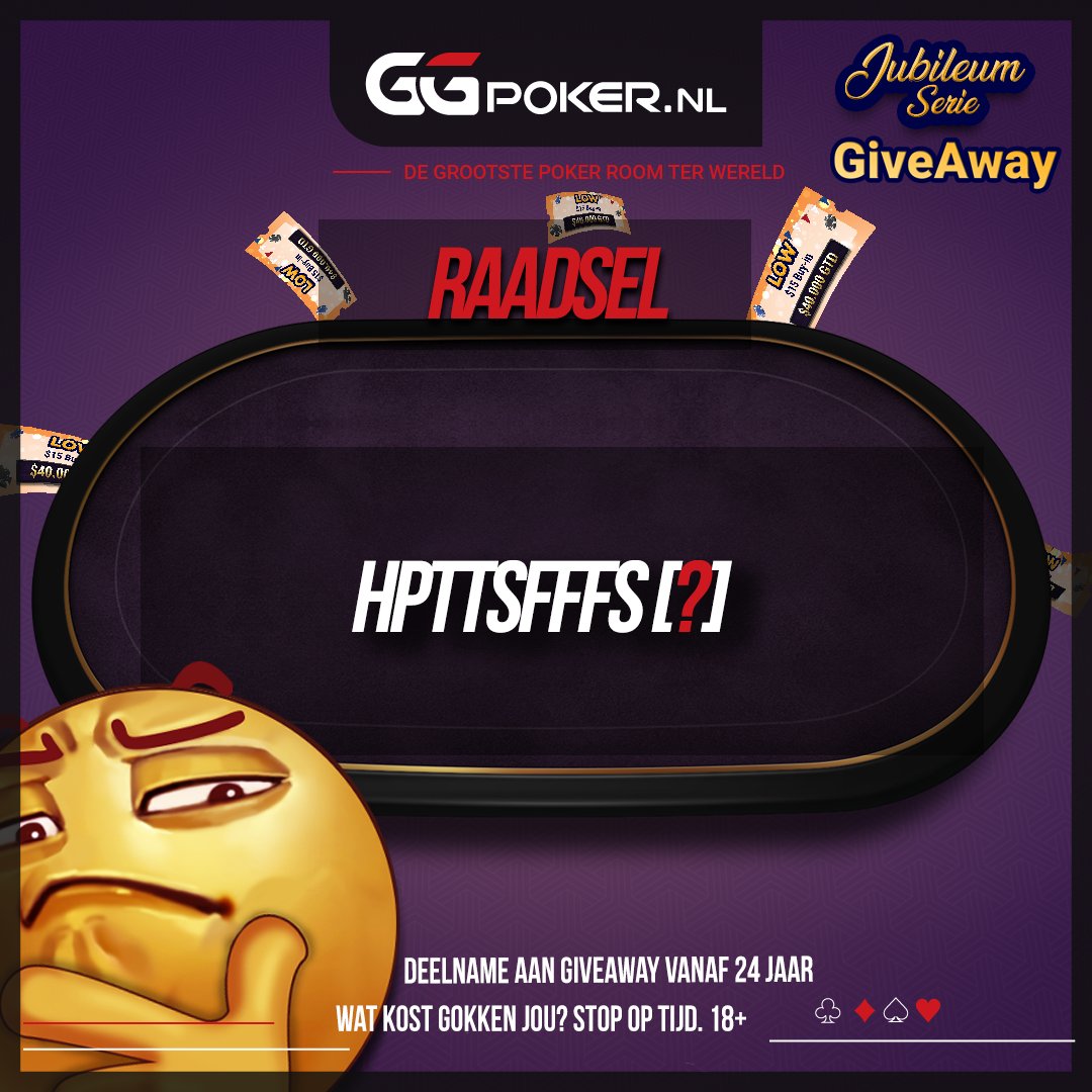 GGPoker_NL's tweet photo. Weet jij het antwoord ❓

1️⃣ Geef het juiste antwoord!
2️⃣ Drop je username &amp; tag iemand die het niet weet 🤡.
3️⃣ We geven 9 - $15 GGPoker Nederland Jubileum Serie tickets weg!
4️⃣ Winnaars maken we op donderdag -13 oktober bekend.
Wat kost gokken jou? Stop op tijd. 18+

#GGPoker https://t.co/62p4ao3tLF