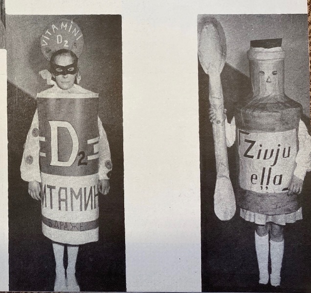 Obsessed with this picture of kids dressed as bottles of vitamin D and fish oil for their school’s annual carnival of health. Latvian SSR, 1967