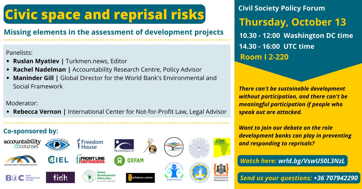 The @WorldBank committed to stand up against reprisals. But is it staying true to its commitment? Tomorrow don't miss out this #CSPF session on the role devt banks can play to prevent #reprisals & what they should do when civic space is restricted. Live: wrld.bg/VswU50L3NzL