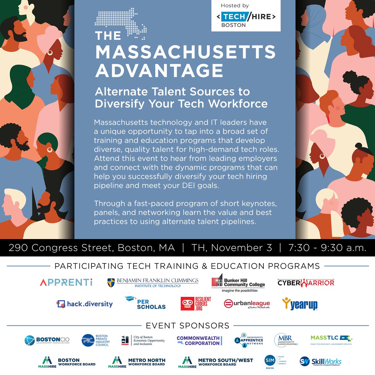 Join us & other @TechhireB partners for #MassAdvantage on TH, Nov. 3, 7:30 - 9:30 a.m. Hear from leading employers & connect with dynamic training programs to help companies diversify their #tech #hiring pipeline & meet critical #DEI goals. Register at tinyurl.com/MAadvantage2022.