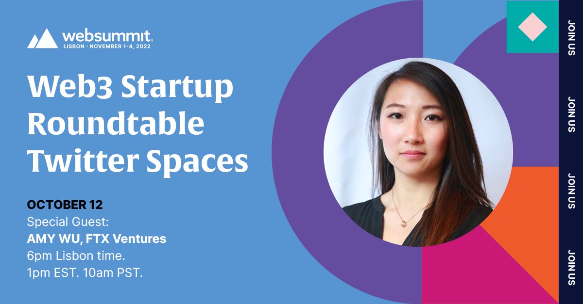 In a few hours <a href="/amytongwu/">Amy Wu Martin</a> of <a href="/FTX_Official/">FTX</a> Ventures will be joining our Web3 Startup Roundtable here on Twitter Spaces. 
🔥
Asking her questions are startups exhibiting at Web Summit: <a href="/tryroll/">Roll</a> <a href="/staroriginsgame/">Star Origins</a> <a href="/ecoolska/">Ecoolska</a> 
🎤
6pm Lisbon
1pm EST
10am PST
🎧
Right here on Twitter!