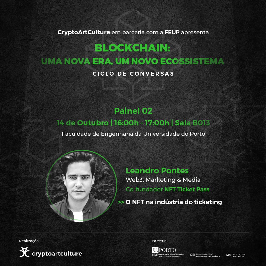 CryptoArtCult's tweet photo. @feup_porto and @CryptoArtCult with @leanpontes >>> Find out all about the event and keep up to date... 👉 Follow our page! @CryptoArtCult https://t.co/GH7gPk1iLc