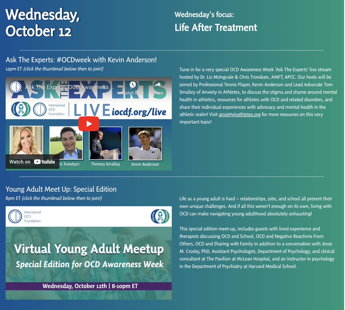We can't believe it's already DAY 4 of #OCDweek! The focus of the day is "Life After Treatment"— join us today for a special Ask The Experts livestream as well as a Virtual Young Adult Meetup on Zoom. Thank you to our advocates and community for helping us spread awareness!