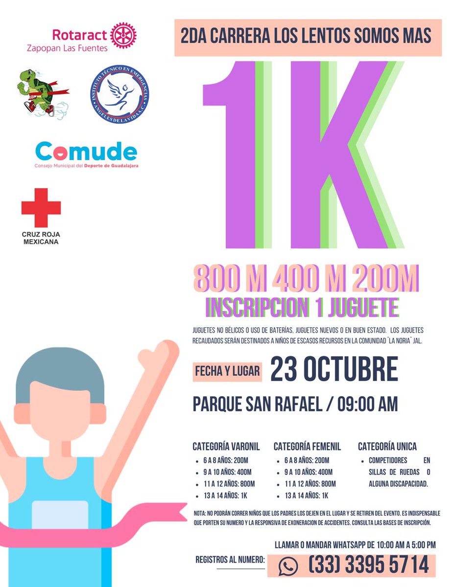 PaxxCultura's tweet photo. 2da Carrera Lenta Infantil, el juguete se entregará al recoger el numero de competidor en Tú #CCAtlas #ColAtlas checa las bases y se parte de esta carrera con causa.
@comudegdl @CruzRojaJalisco #LosLentosSomosMás 🐢💚🇲🇽 https://t.co/fcKoSOzcIy