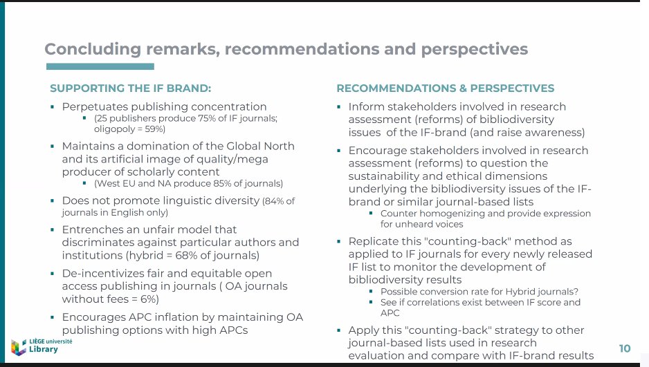 LizzieGadd's tweet photo. @ChristopheDony #LISBIB22 Recommendations from @ChristopheDony & Marjorie Bardiau on their study of journals with a JIF. Includes asking those involved in research assessment reform to consider bibliodiversity issues of journal metrics. π https://t.co/R8WZkMqvGh