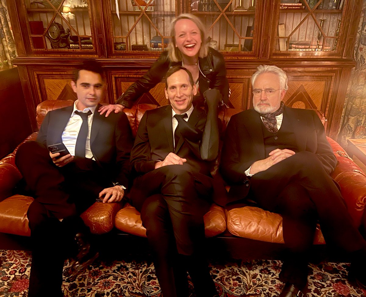 stephenkunken's tweet photo. Just some friends sitting on the couch with a black sock puppet.  What could possibly go wrong?  Watch Episode 6 now streaming @HandmaidsOnHulu https://t.co/Dp7Z0y35La