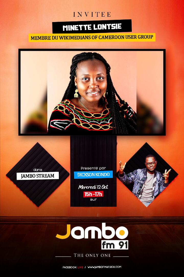 MinetteLontsie's tweet photo. Je suis l'invitée de Dickson dans l'emission Jambo Stream sur Jambo Fm 91 de 15h a 17h00. On parle du digital, de Wikipedia et des activités du Wikimedians of Cameroun User Group . Ca se passe sur la 91.0 et en Live sur Facebook
https://t.co/7yffc2gZZd #JamboStream https://t.co/9XwIqOwmc0