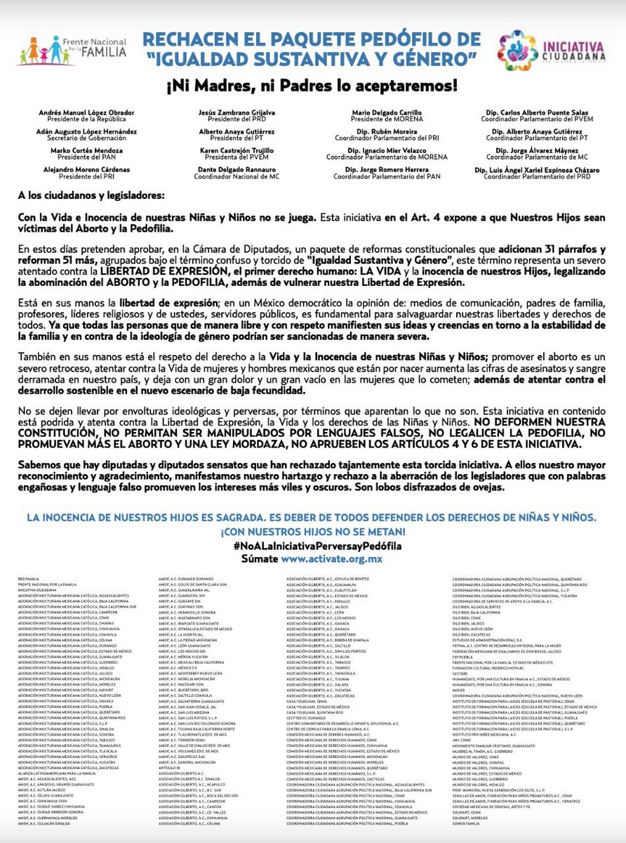 in_ciudadana's tweet photo. RECHACEN EL PAQUETE PEDÓFILO DE "IGUALDAD SUSTANTIVA Y GÉNERO" @NachoMierV @JorgeRoHe @mario_delgado @markocortesm @alitomorenoc @AlbertoAnayaGt @rubenmoreiravdz @CarlosPuenteZAC @AlvarezMaynez https://t.co/i8dgJF6cBx