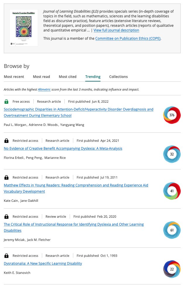 Our work (journals.sagepub.com/doi/10.1177/00…) examining sociodemographic #disparities in #ADHD over-diagnosis and over-treatment is @Journal_LD's #1 most trending and #2 most read study.