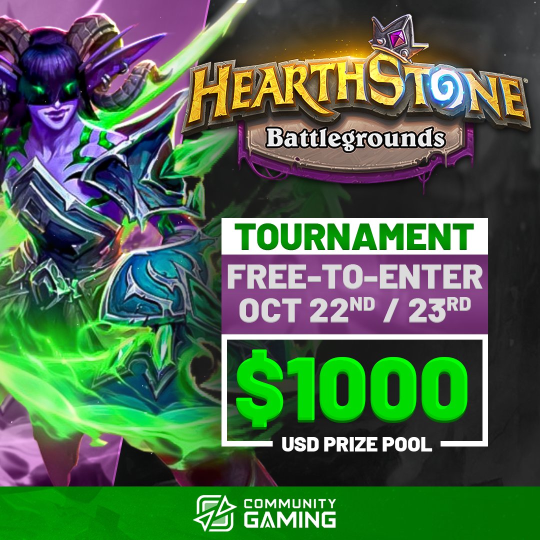 The Battlegrounds are rumbling again! 

Join us for the next CG Hearthstone Battlegrounds monthly! Registration is open, so be sure to get in by following the link below!⬇️

📅Oct 22/23rd - 1 PM ET
💰$1000 - TOP 8 Payout

🔗communitygaming.io/tournament/hea…
