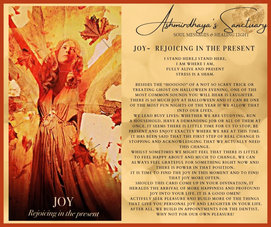 ashmirdhaya's tweet image. 🍁JOY ~ Rejoicing in the present🍁
Wishing you a joyful day filled with laughter
Sending lots of love, light and blessings your way🙌🧡
#thehalloweenoracle #joy #cardreading #oraclecard #oracle #halloween #positivevibes #positiveenergy @ashmirdhaya