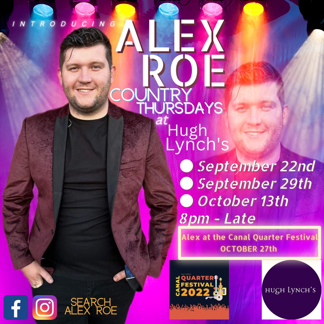 #AlexRoe returns to #HughLynchs 
(<a href="/EmmetL/">@EmmetLynch</a>) #TOMORROW night, 8pm - late, w/ a mix of #country classics &amp; more contemporary #Nashville #pop/ country hits, too! 🤟

Alex will be back for this year's #CanalQuarterFestival #Tullamore opening for the <a href="/wolfetones/">The Wolfe Tones 🇮🇪</a> on October 27th 🎼