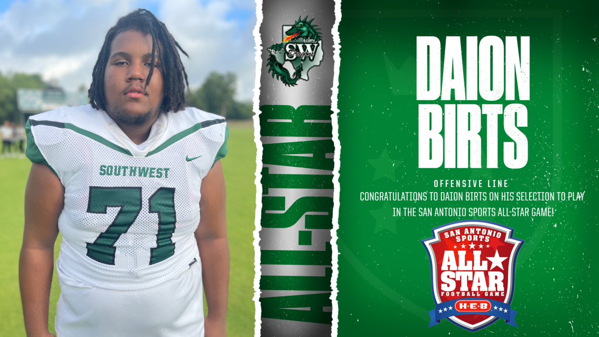SWDragonsFB's tweet photo. Congratulations to Senior Daion Birts on being selected to play in the 2023 @SA_Sports All-Star Game. The #SASportsAllstarGame will take place on January 7th at 5pm in the Alamodome. https://t.co/iVACFndI5n