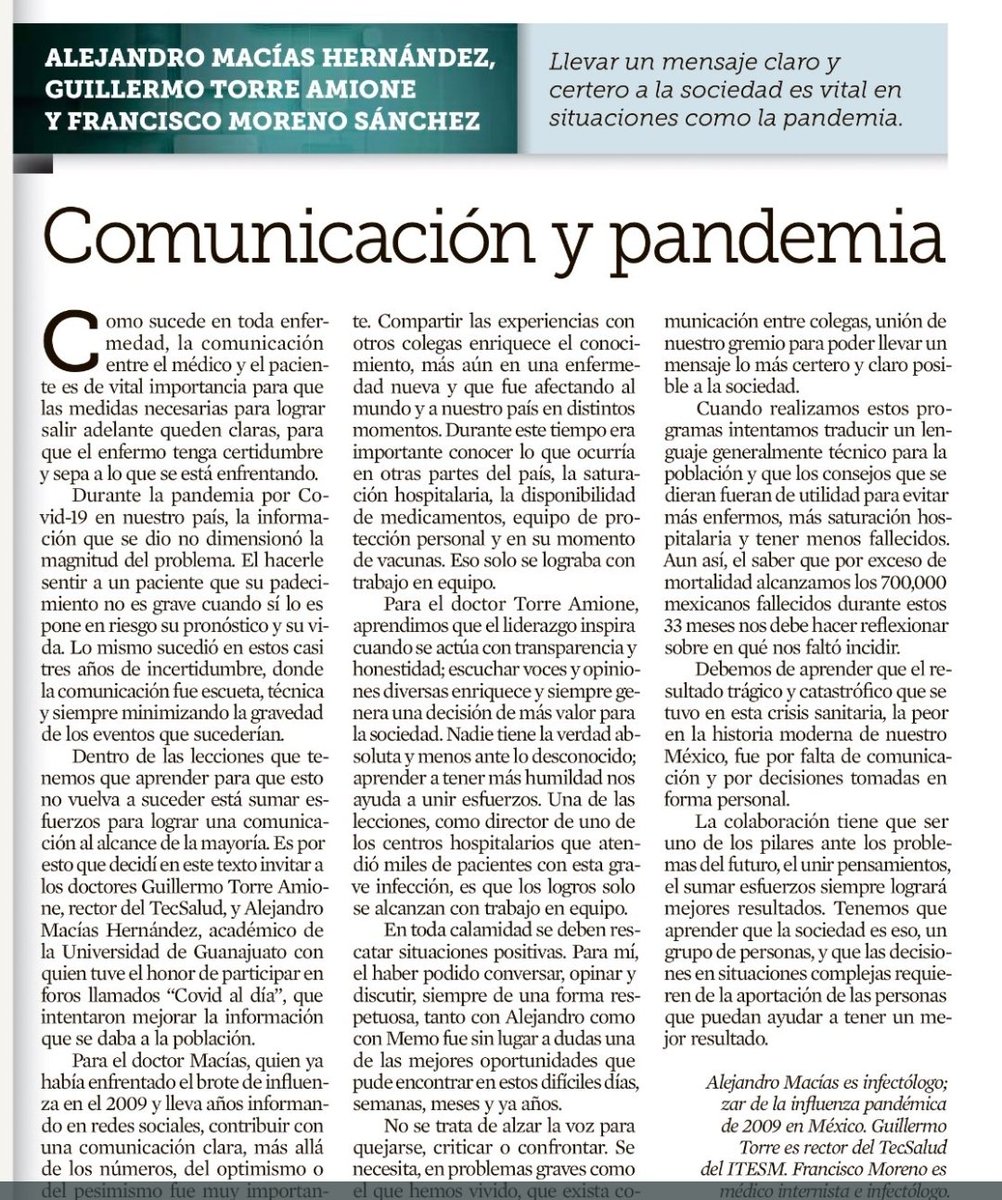DrPacoMoreno1's tweet photo. La comunicación es fundamental para que la población pueda tomar las mejores decisiones. Mi opinión compartida con @doctormacias, @GTorreAmione.
En @Reforma https://t.co/J4nGH929e4