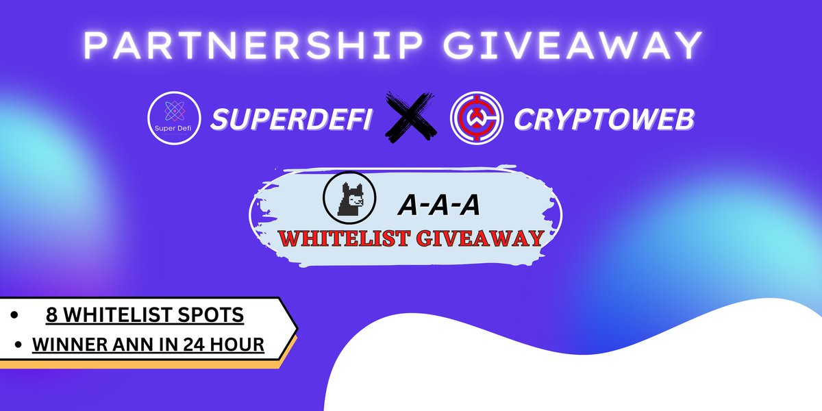 cryptoweb_xyz's tweet photo. WL Giveaway Announcement 🤝

- Reward:- 8 NFT Worth 2000$+ 🚀

To Enter:
- Like, RT, and Tag 3 friends
- Follow @CryptoWeb_CW + @SuperDefi_Dao + @AptosAlpacas 
- Finish Gleam:-
https://t.co/xG46WPmJ1Y

🏆 Winner Will Be Announced In 48 Hours ✅

#Giveaways #NFTs #Airdrops https://t.co/K4rx5v5yin