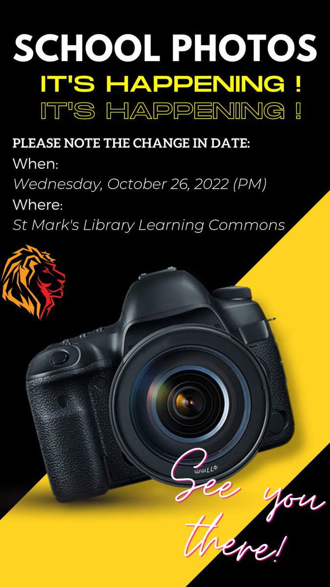 StMarksNL's tweet photo. Hey Lions! Please note the change in date! School pictures are now taking place on Wednesday, Oct. 26th! https://t.co/IbgZ8ZtBjp