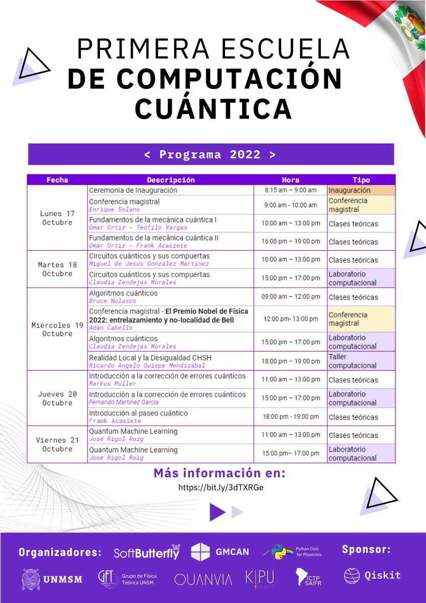 softbutterflyio's tweet photo. Hola comunidad,  Les presentamos el cronograma de la escuela de computación cuántica.

Más información en nuestra página: https://t.co/gTqkOQLIsR

#UNMSM #PERÚ #Physics #softbutterfly  #DataScience #Python
#Latinoamérica #FREE #ComputacionCuantica #Qiskit #IBM #Qubit https://t.co/uvHz2qfsuX