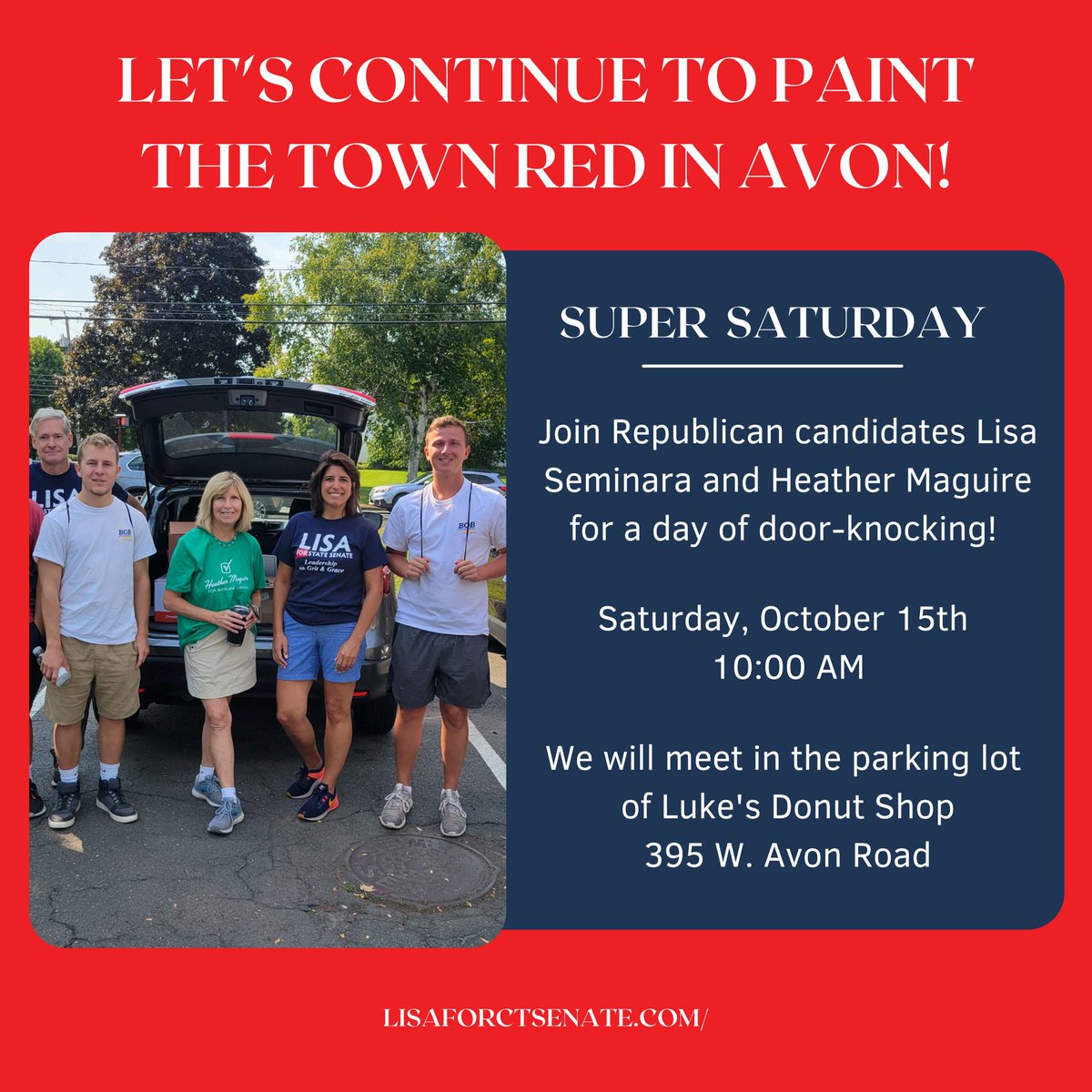 SenatorSeminara's tweet photo. Join Heather Maguire and me for Super Saturday this weekend to continue painting Avon red with a day of door-knocking! We hope to see you there! #lis4ctsenate #ctgop #ctsenaterepublicans #avonct https://t.co/WMyRCVpHKx