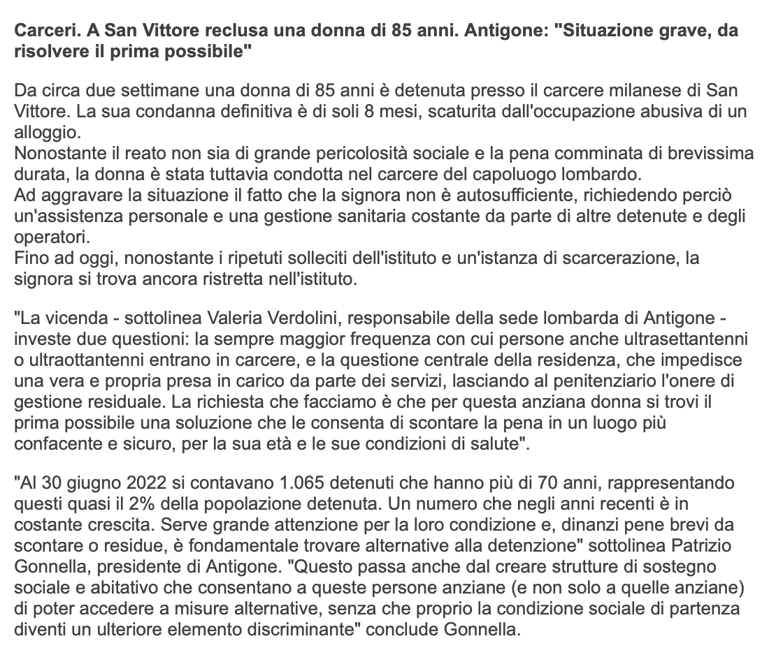 giuliocavalli's tweet photo. A San Vittore da due settimane è detenuta una donna di 85 anni che deve scontare una condanna di otto (8!) mesi. La signora non è autosufficiente. 

A proposito di civiltà. https://t.co/74ZOWF7VVj