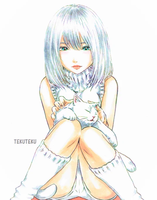 #あなたのしろ色の作品を見せてください ノースリーブニット女子と白猫にゃん #illustration #オリジナルイラスト  