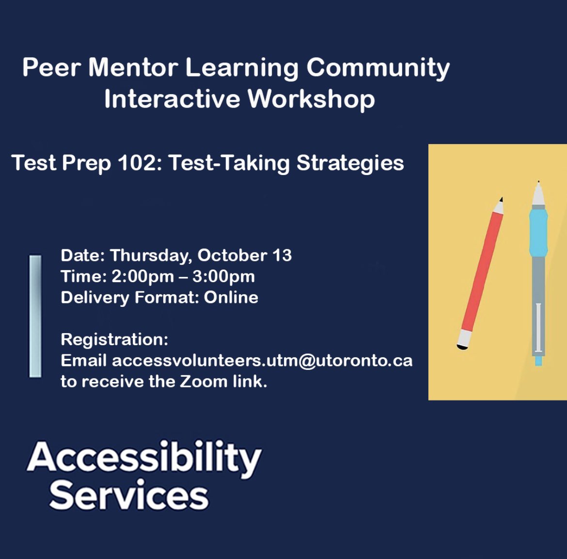 UTMaccess's tweet photo. PMLC Workshop: Test-Taking strategies

Date: Thursday, October 13
Time: 2:00 - 3:00 PM EST

Email to register: accessvolunteers.utm@utoronto.ca

Do you feel anxious or unsure about taking your tests? 

Learn how to handle midterms and finals efficiently and improve your grades! https://t.co/2MyFQkXWRN