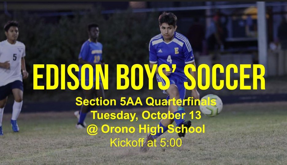 Congratulation to our <a href="/MPS_Edison/">Edison HS</a> boys' soccer team.  After winning their matchup against Patrick Henry, Edison Boys' Soccer advances to the Section 5AA Quarterfinals.