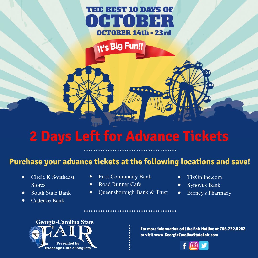 GaSc_StateFair's tweet photo. Advance tickets are now on sale to the Best 10 Days of October.🎟
#GeorgiaCarolinaStateFair #itsbigfun #thebest10daysofoctober #GCSF #advancetickets #GCSF2022 #exchangeclubofaugusta https://t.co/eV4cM6T0x8