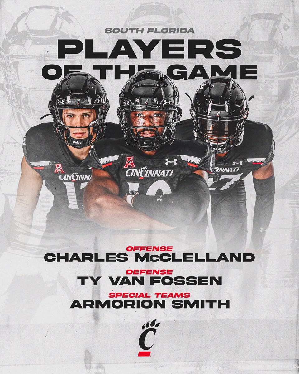 Players of the Game vs. USF: ▪️Offense: @DupontQc3 ▪️Defense: @tyvanfossen ▪️Special Teams: @Armorion7 #Bearcats | #TEAM