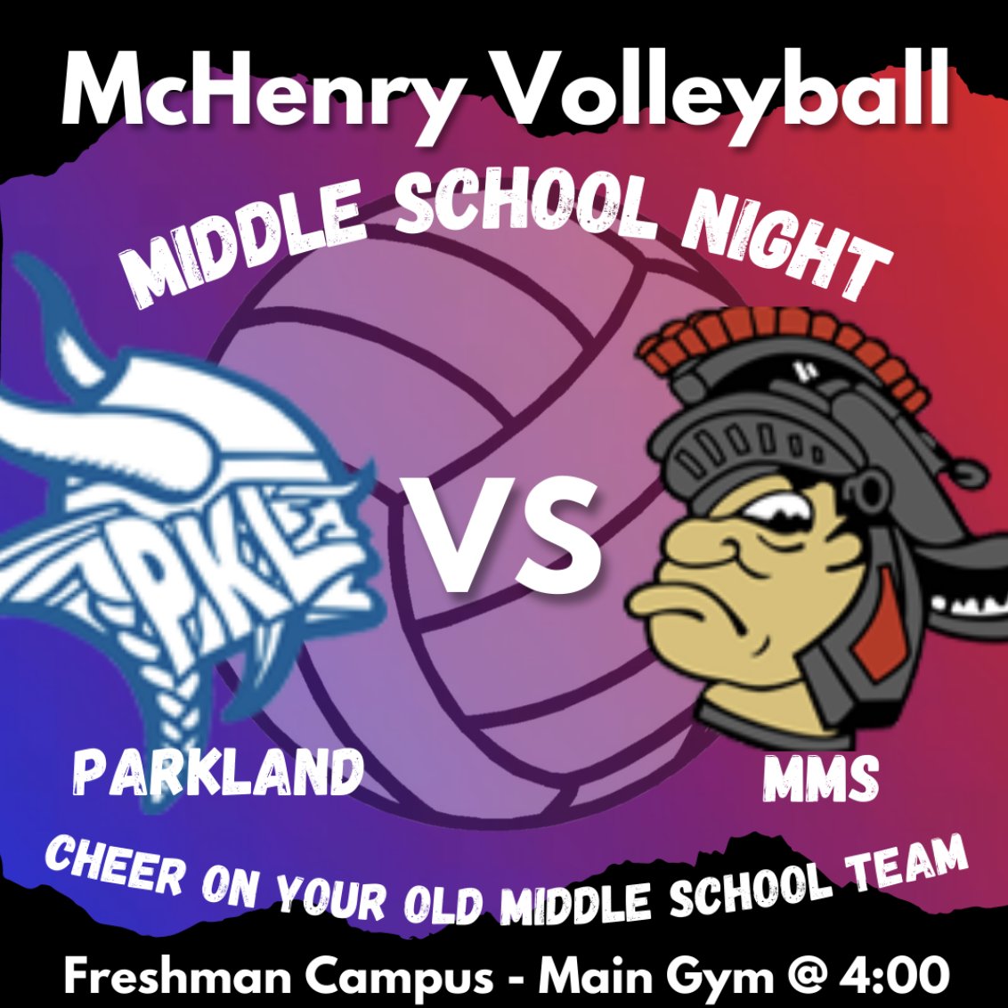Let's goooooooooo! Come on out to watch Parkland 🔵⚪️and MMS 🔴⚫️ battle on our home court. Who will win it all?! Find out tonight at the FC at 4pm. Be sure to wear spirit gear to support your middle school!