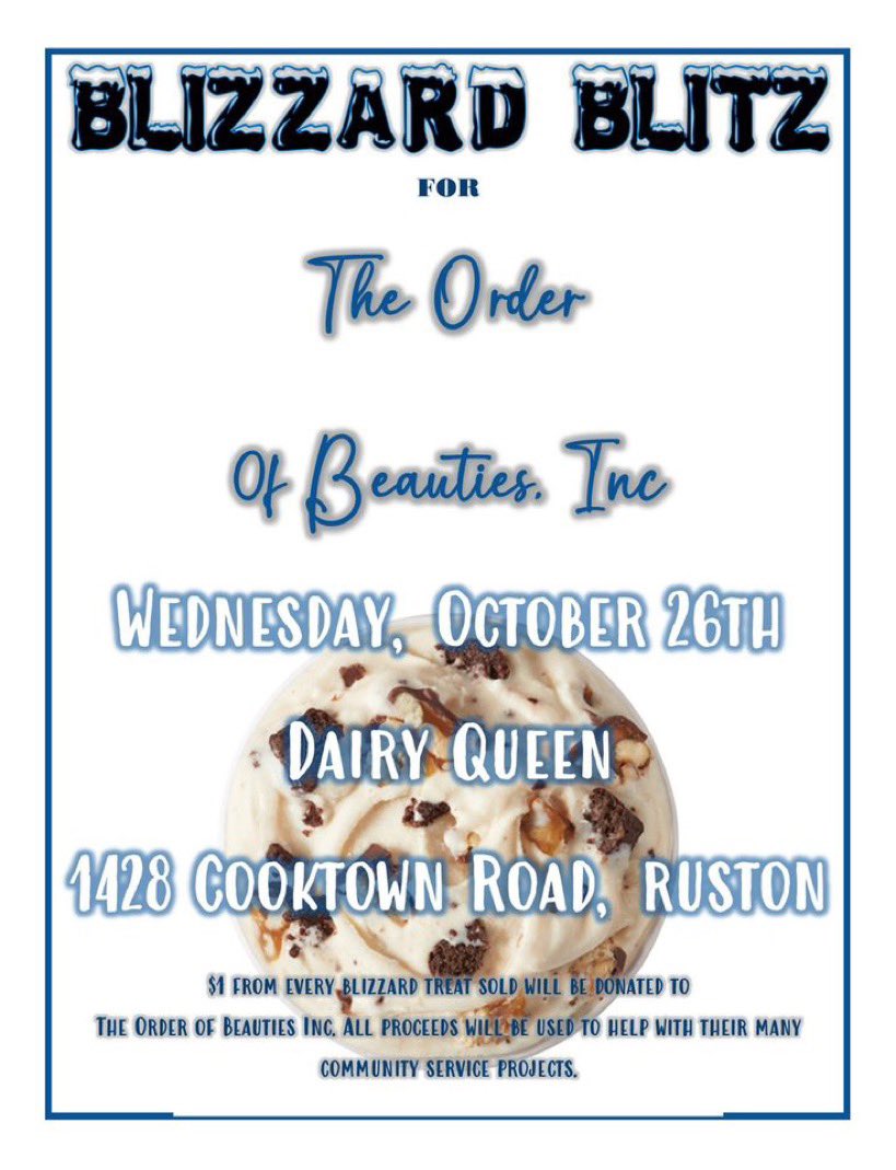 Come get a Blizzard from Dairy Queen and <a href="/OBB_1974/">The Order of Beauties Inc.</a> on Oct.26th. Just a few simple steps to donate to our charitable causes:  
1. Go to Dairy Queen
2. Order your favorite Blizzard
3. Mention The Order of Beauties at check out!🤑👸🏾
A small percentage of your purchase is donated!!