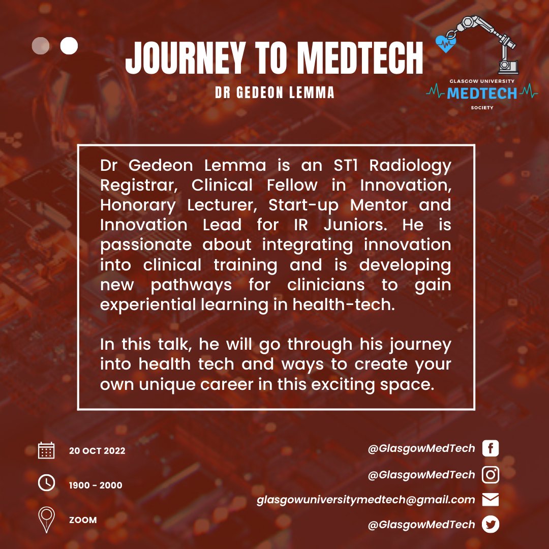GlasgowMedTech's tweet photo. Join us for our first event of the year where @glemma7 will be taking us through his journey into healthtech!! 

Sign up @MedAllApp  
🤖 https://t.co/wd5J0ygRzH

📅 20th October 2022
⏰ 7-8pm (BST)

#MedTech #MedTwitter #MedStudentTwitter https://t.co/BqRHFpoYq5