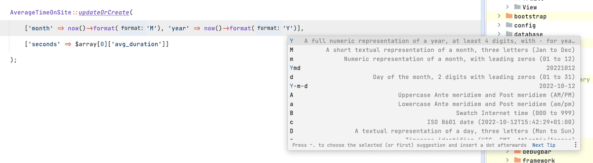 1stevengrant's tweet photo. I may never need to visit the PHP date/time formatting docs again. This just started working in @phpstorm 🥳 https://t.co/Uj0dPsCVEo
