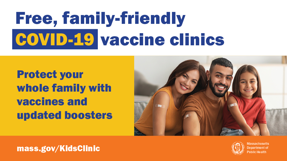 MassDPH's tweet photo. DPH is offering free COVID vaccinations for everyone 6 months and older – and boosters for everyone 5 years and older – at community-based clinics across MA this fall. No appointment needed! Find one near you at https://t.co/ApOpxjIeg6 https://t.co/N3I7dnN5rx