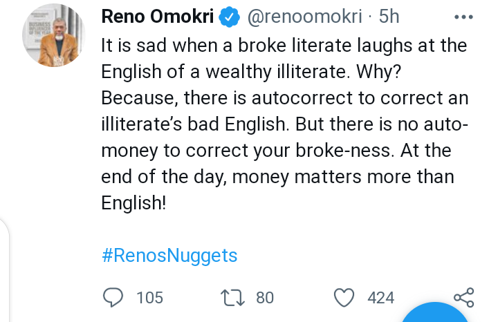 ochelyko22's tweet photo. The difference is very clear. Under 5hrs Peter Obi have more likes and comment more than Reno Omokri who will not stop attacking Peter Obi.

Peter Obi is better, greater, higher and more loved than Reno.

On your mandate I stand @ Peter Obi. Man wen sabi https://t.co/uusgUFAHkR