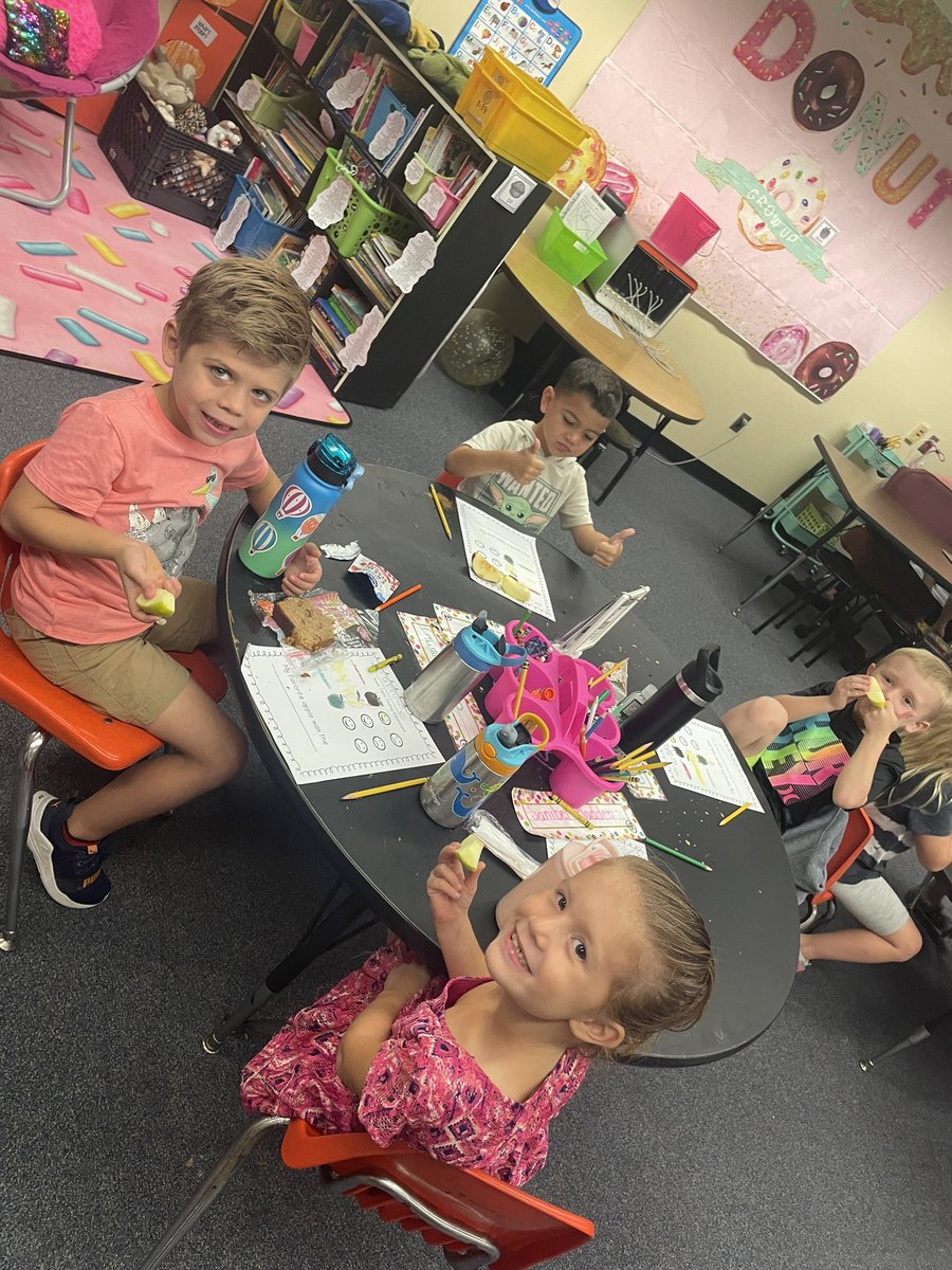 Kindergarten is experimenting by taste testing apples to determine taste characteristics!