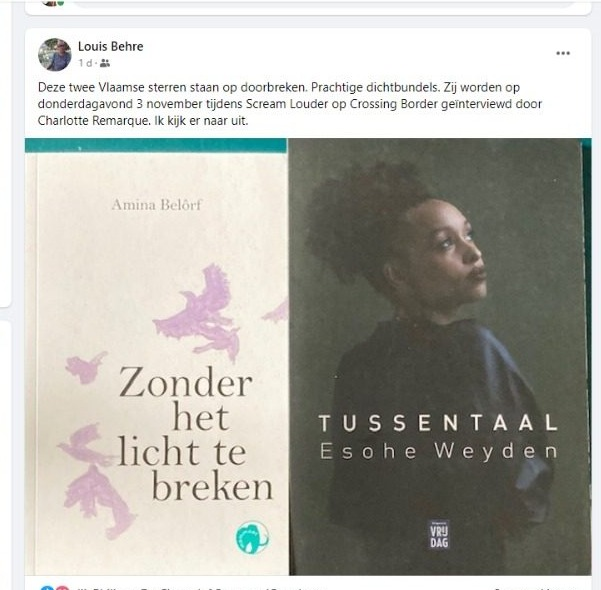 <a href="/AminaBelorf/">Amina Belôrf</a>: "een Vlaamse ster die op doorbreken staat". 

Soms worden onze auteurs aangekondigd met stijl. Terecht! 

PS: Bij deze weet u ook dat Amina op 3 november te gast is op Crossing Border. Allen daarheen!