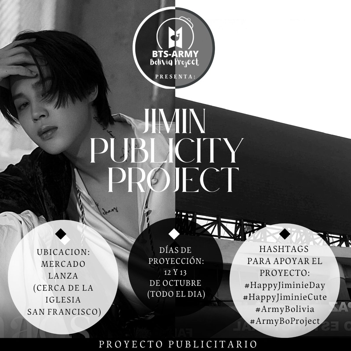 BTSARMYBoPro's tweet photo. ☬ *JIMIN PUBLICITY*☬
*☬PROJECT*☬
📋 *DATOS*
✿⃟📌ᬽ 🌇 *Lugar* : Mercado Lanza (cerca de la plaza San Francisco)
✿⃟📌ᬽ 📆 Días de proyección: 12 y 13 de octubre
✨♪ -- #HappyJiminieDay
✨♪ -- #HappyJiminieCute
✨♪ -- #ArmyBolivia
✨♪ -- #ArmyBoProject https://t.co/0CqkJCUj4j
