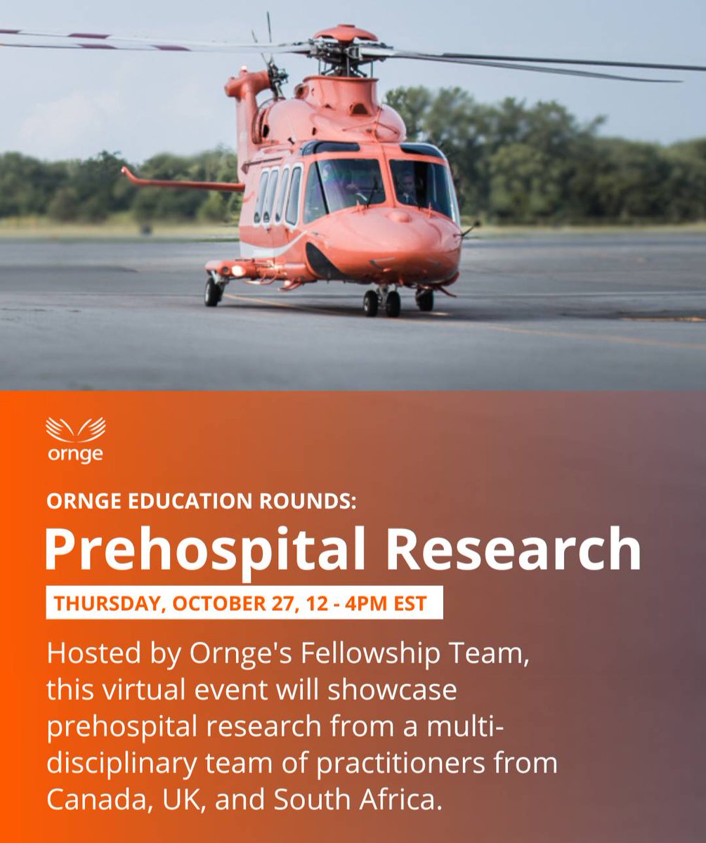 Join us on October 27 for our Prehospital Research event.

Hosted by Ornge's Fellowship Team, this virtual event will feature a multi-disciplinary team of practitioners from Canada, UK, and South Africa discussing prehospital research.

Register online: teams.microsoft.com/registration/R…