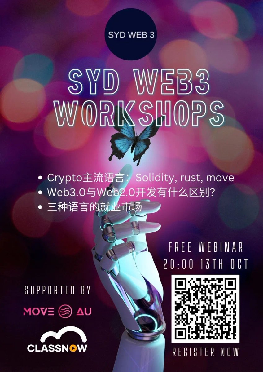 CryptoLaura_98's tweet photo. MOVE Australia proudly presents Web3 workshops.Webinar is happening tomorrow.Topics include:
1. Introduce 3 mainstream Web3 languages: Solidity, Rust and Move 
2. Introduce the difference between Web3 and Web2 development
3. Careerpath for Web3 developers #australiaweb3 #MoveDAO https://t.co/QrtkmlsnXl