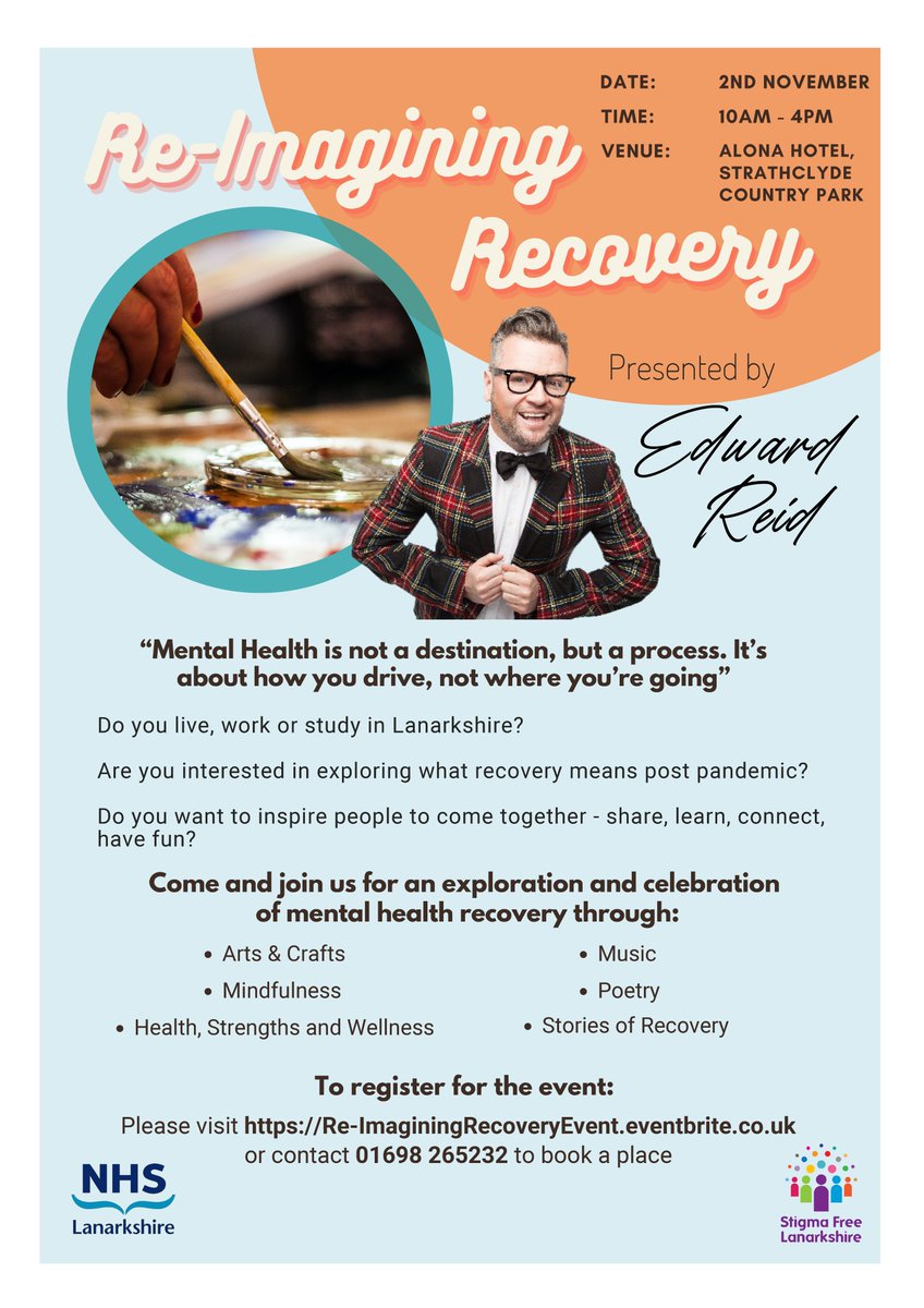 Re-Imagining Recovery Event - Hosted by NHS Lanarkshire &amp; Stigma Free Lanarkshire. 

Do you live, work or study in Lanarkshire?

Are you interested in exploring what mental health recovery means post pandemic?

Join us for an exploration and celebration of mental health recovery.