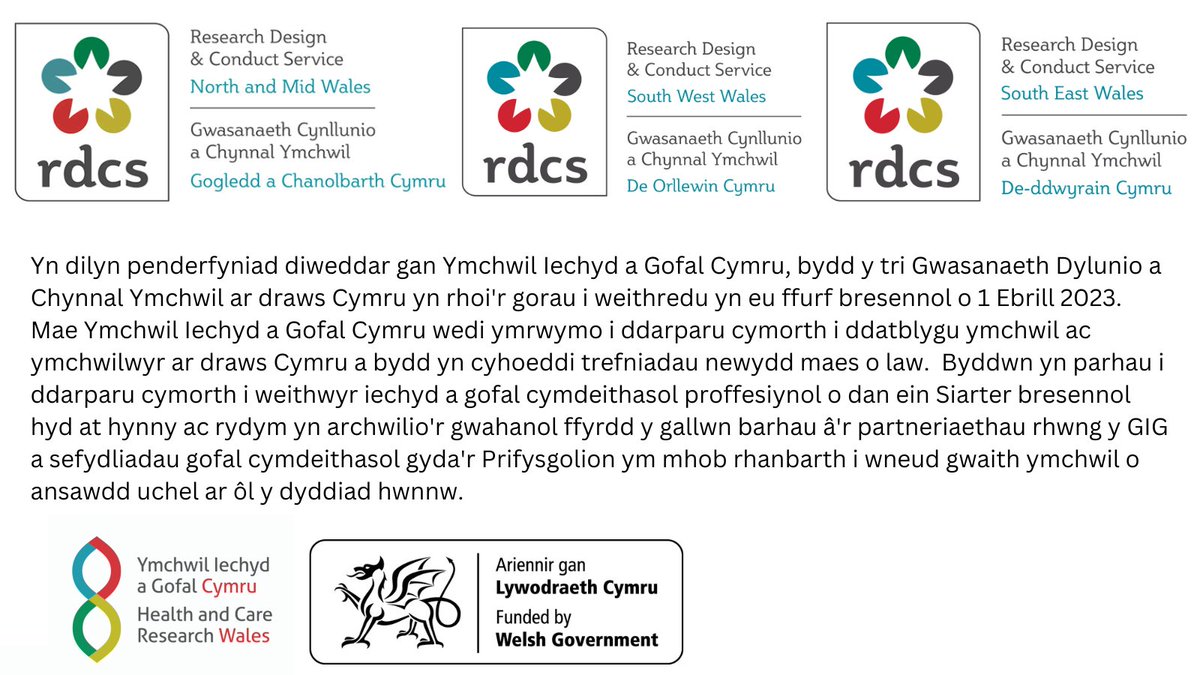 Yn dilyn penderfyniad diweddar gan Ymchwil Iechyd a Gofal Cymru, bydd y tri Gwasanaeth Dylunio a Chynnal Ymchwil ar draws Cymru yn rhoi'r gorau i weithredu yn eu ffurf bresennol o 1 Ebrill 2023. 

<a href="/RDCS_NMW/">RDCS North and Mid Wales</a> <a href="/rdcs_sww/">RDCS_SWW</a> <a href="/RDCS_SEW/">RDCS SE Wales</a>
