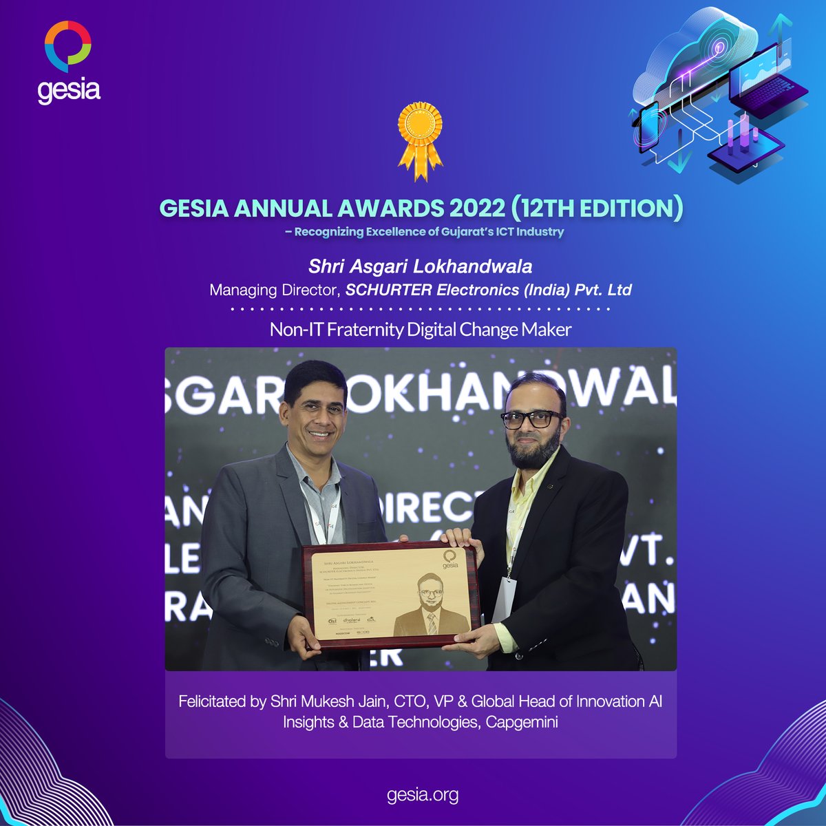 GESIAORG's tweet photo. We are pleased to announce Shri Asgari Lokhandwala, Managing Director, SCHURTER Electronics (India) https://t.co/sOgmFMhA7x has been recognized and felicitated with an award in Non-IT Fraternity Digital Change Maker.
#gesia #digitalmanagementconclave #datacenter #ICT https://t.co/dPRZHAGh4u